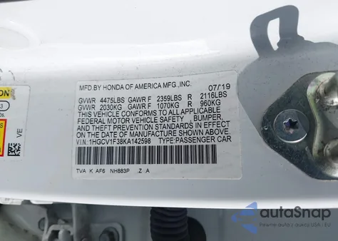 2019 Honda Accord Sport from USA, damaged, VIN 1HGCV1F38KA142598